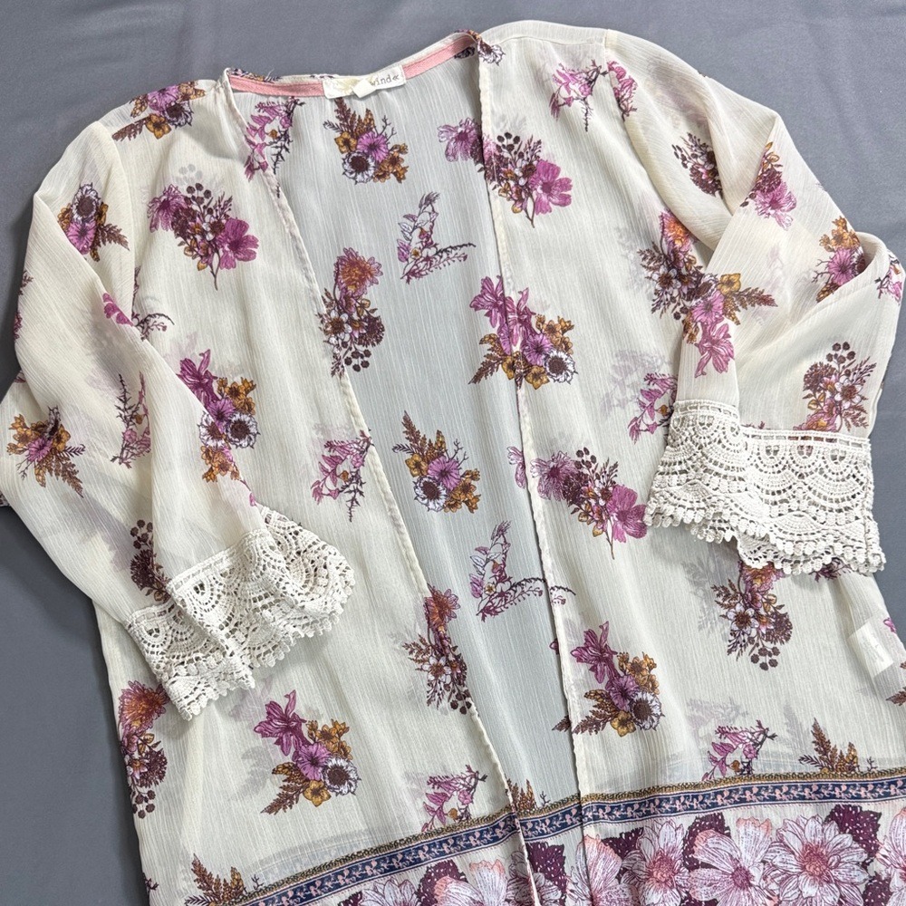 Rewind Womens Floral Kimono Cardigan Purple White Crochet Lace Trim Size L